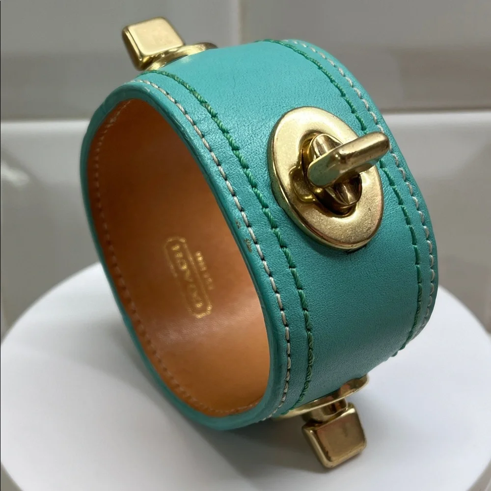 Coach Turquoise Leather Cuff Bangle Bracelet EUC - Picture 3 of 8